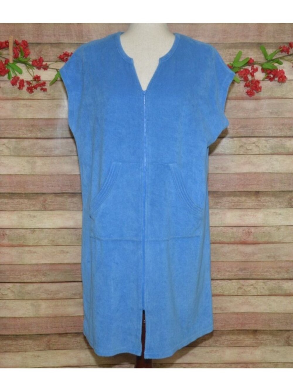 Erika Taylor Relax Blue Terry Cloth Zip Front Short Sleeve Robe Lounger Size L